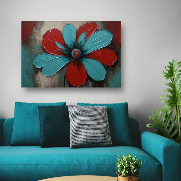Abstracte Turquoise en Rode Bloem Kunstwerk canvas met baklijst