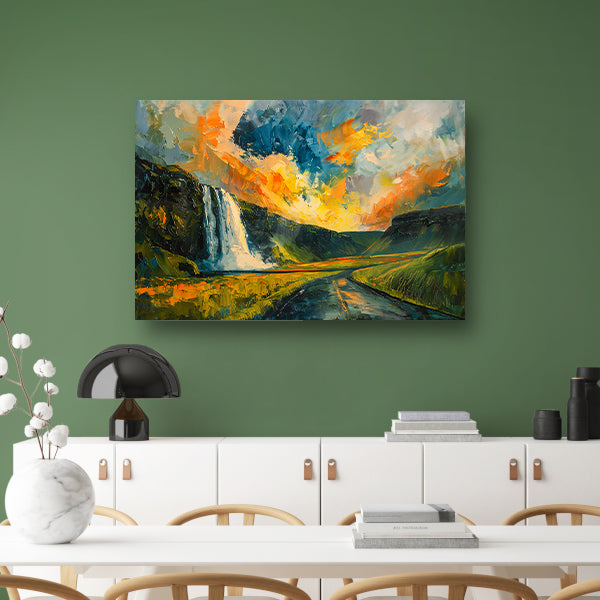Kleurrijke waterval bij zonsondergang schilderij poster