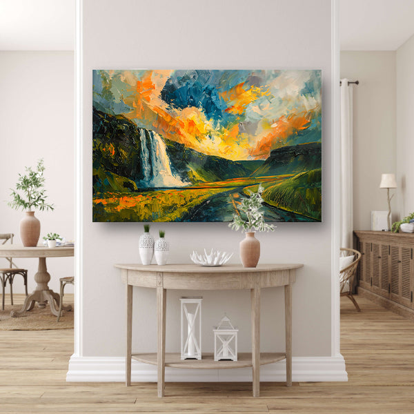 Kleurrijke waterval bij zonsondergang schilderij poster