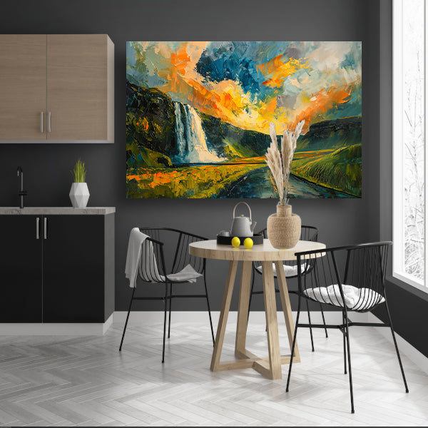Kleurrijke waterval bij zonsondergang schilderij poster