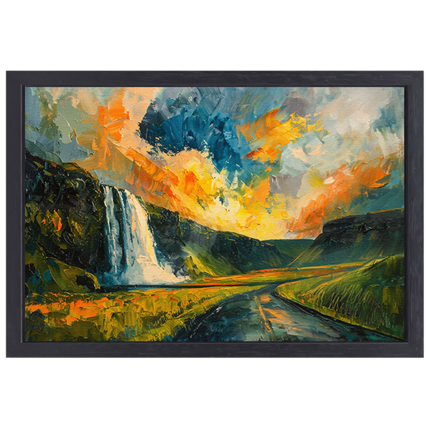 Kleurrijke waterval bij zonsondergang schilderij canvas met baklijst