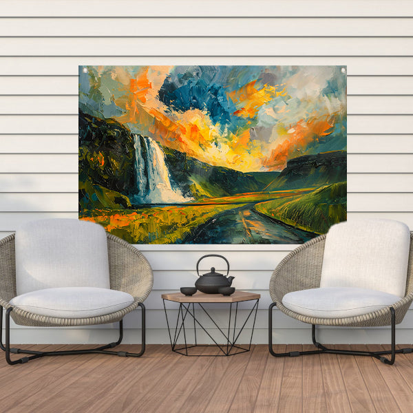 Kleurrijke waterval bij zonsondergang schilderij tuinposter