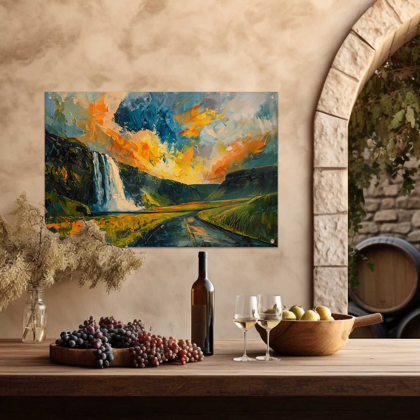 Kleurrijke waterval bij zonsondergang schilderij tuinposter