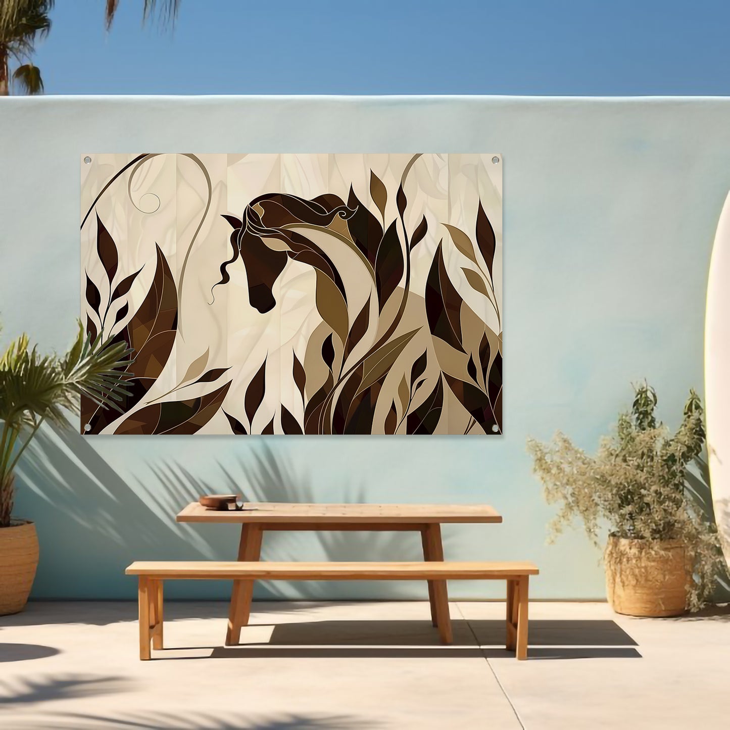 Minimalistisch paardenontwerp met Art Nouveau stijl tuinposter