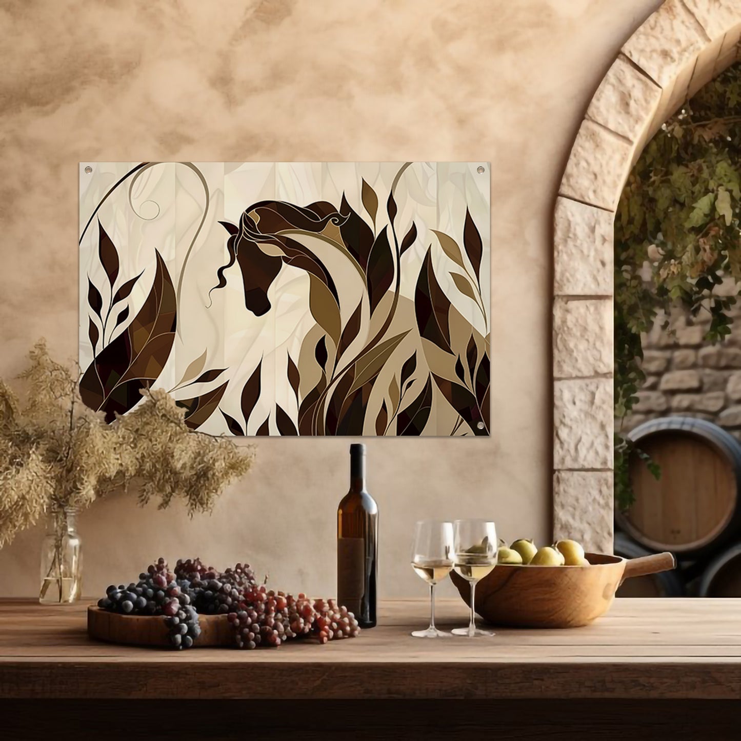 Minimalistisch paardenontwerp met Art Nouveau stijl tuinposter