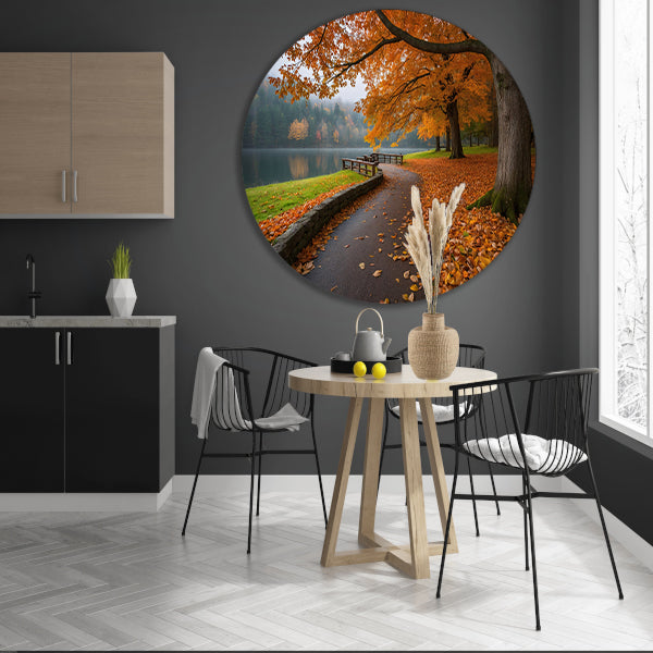 Kleurrijk herfstlandschap langs een meer aluminium muurcirkel