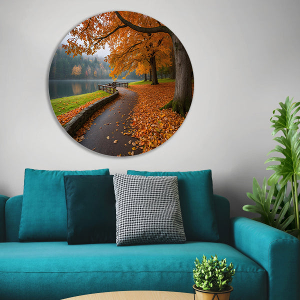 Kleurrijk herfstlandschap langs een meer aluminium muurcirkel