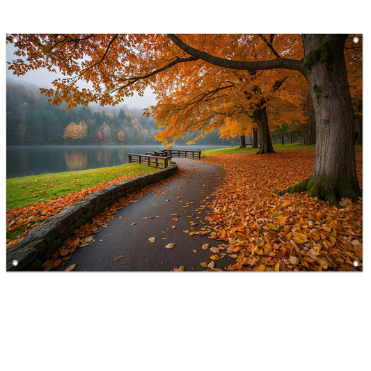 Kleurrijk herfstlandschap langs een meer tuinposter