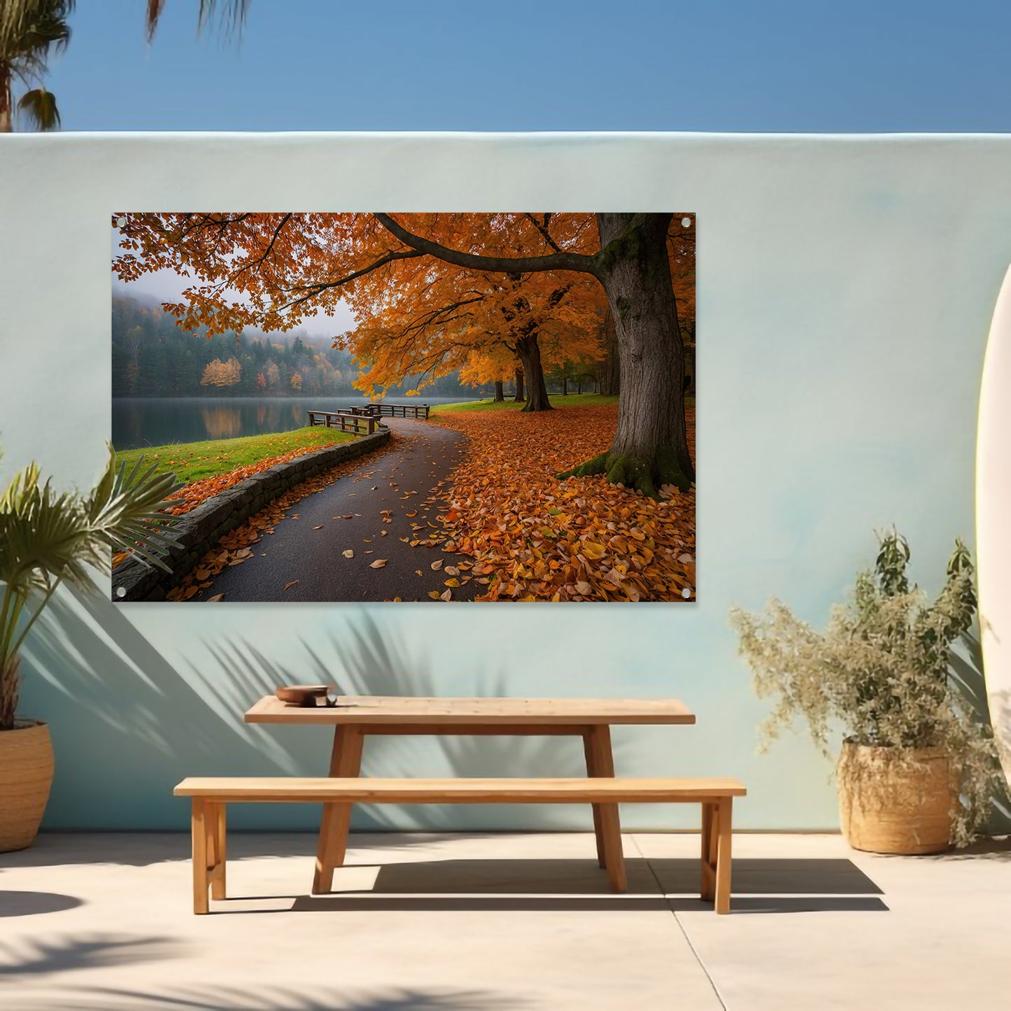 Kleurrijk herfstlandschap langs een meer tuinposter