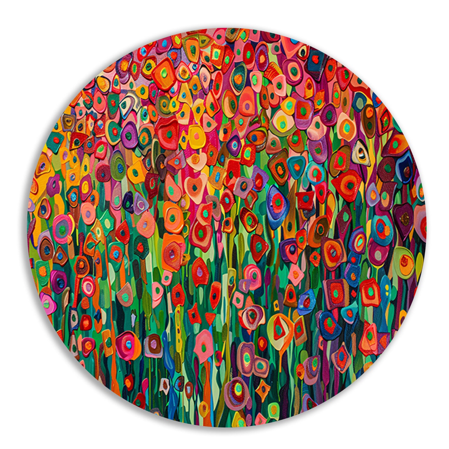 Abstract bloemenveld met felle kleuren aluminium muurcirkel