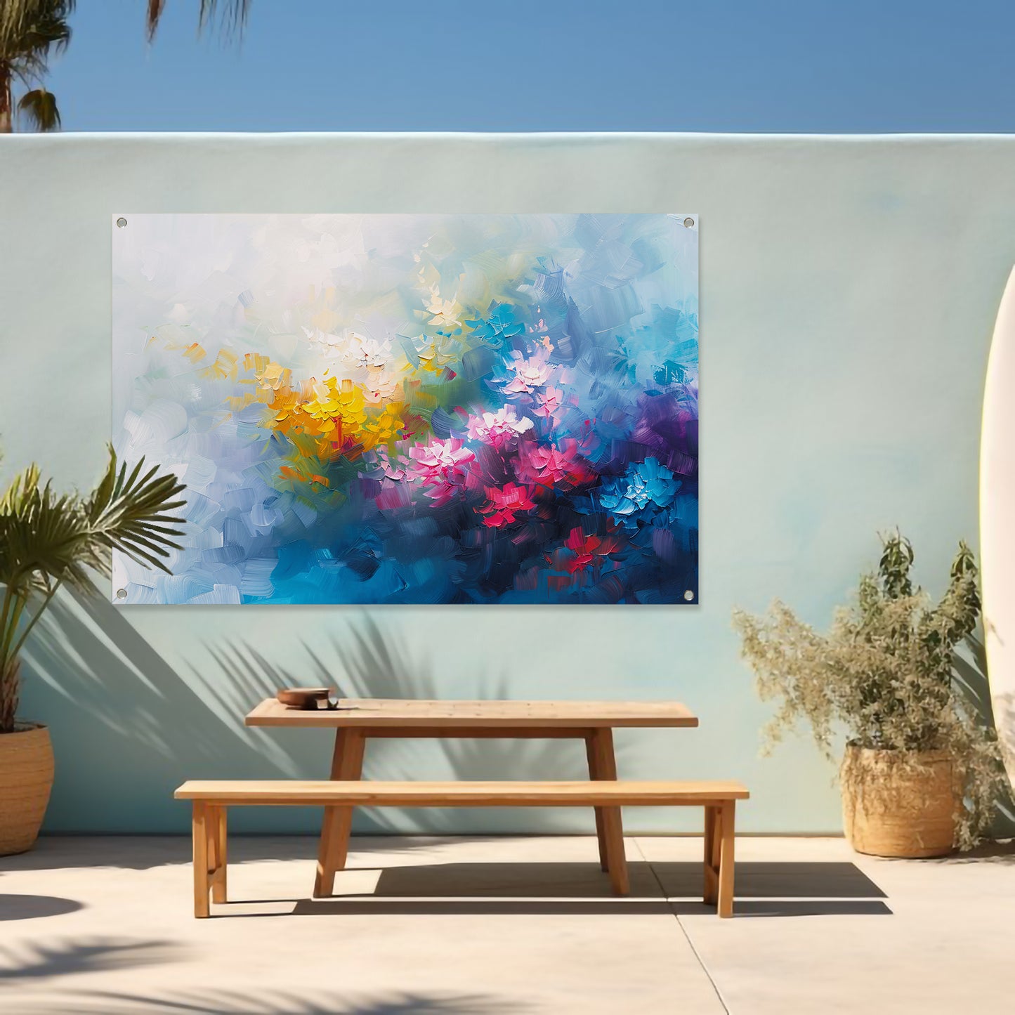 Kleurrijk abstract schilderij van bloemenveld tuinposter