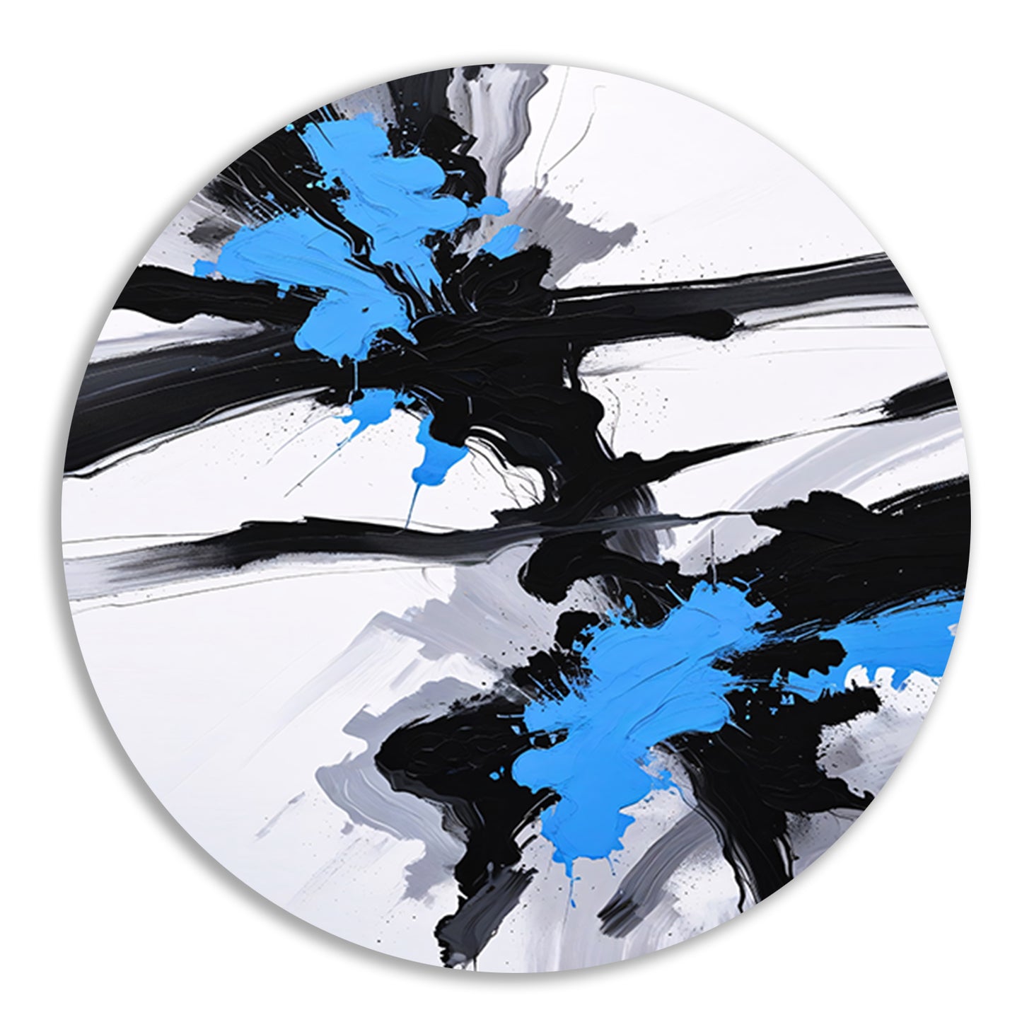 Energetische abstractie van blauw, zwart en wit aluminium muurcirkel