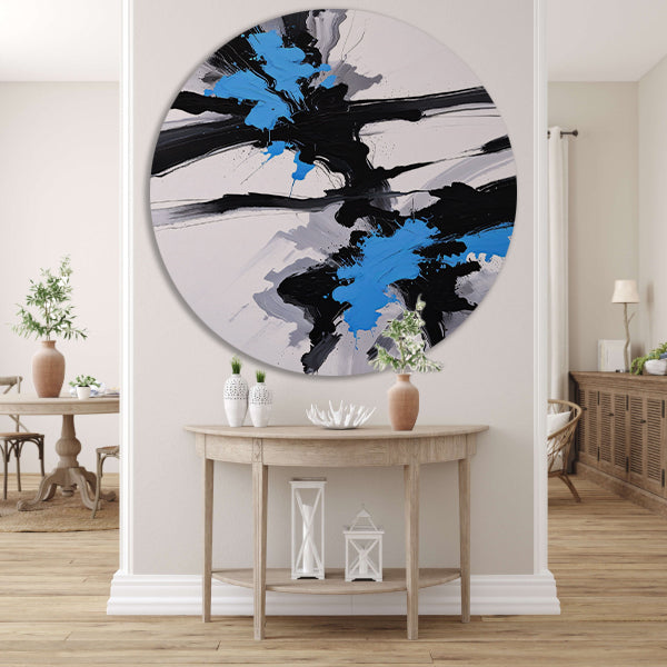 Energetische abstractie van blauw, zwart en wit aluminium muurcirkel