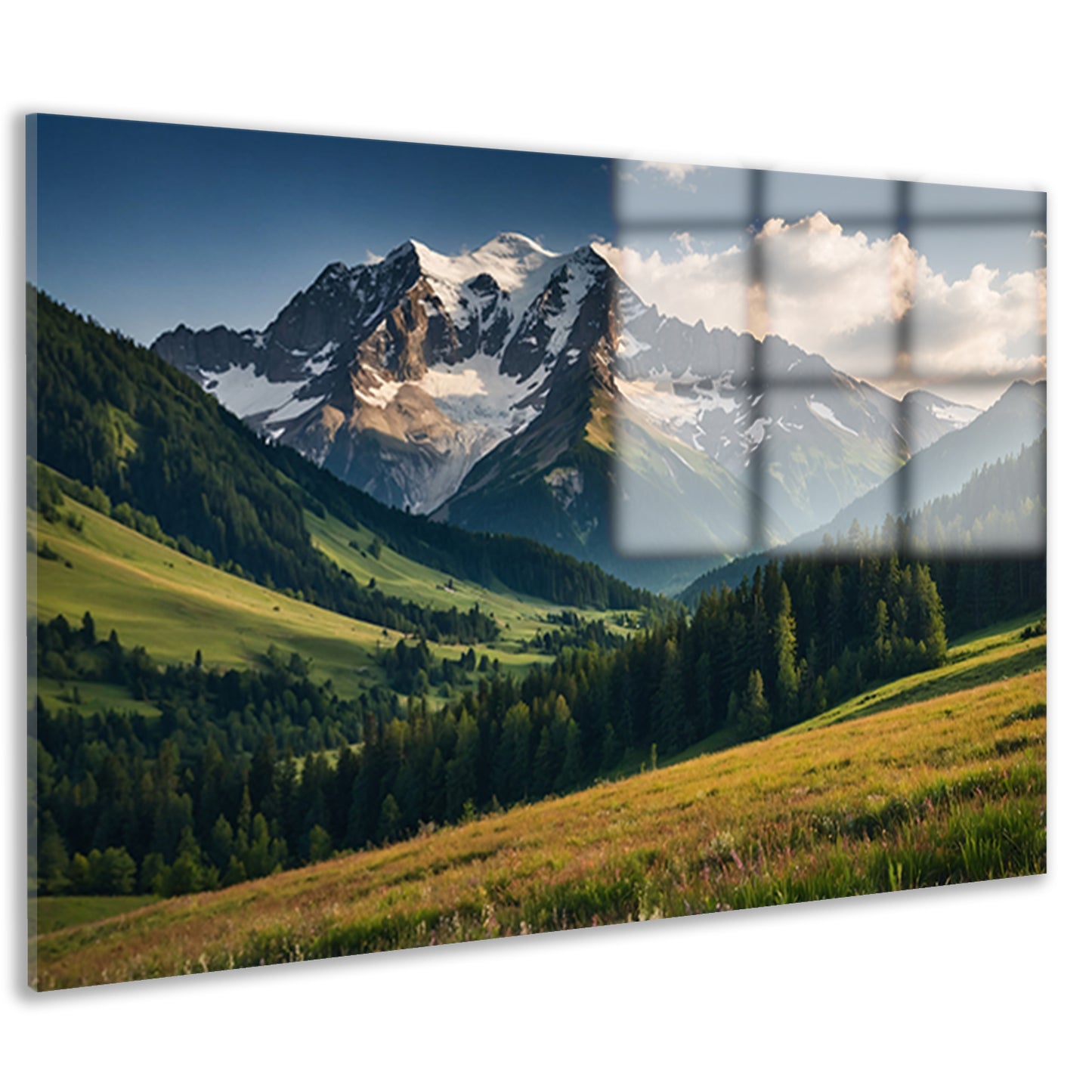 Adembenemend berglandschap met groene weiden acrylglas