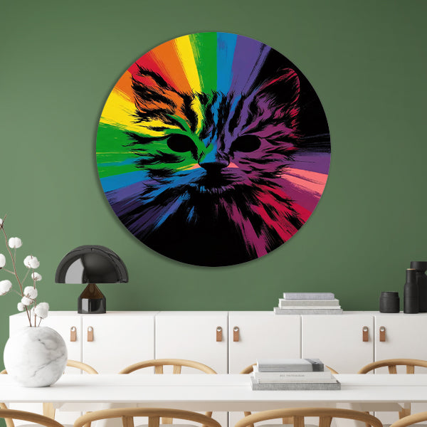 Kleurrijke abstracte kat in regenboogkleuren aluminium muurcirkel