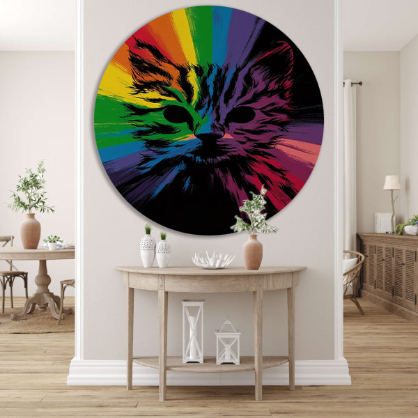 Kleurrijke abstracte kat in regenboogkleuren aluminium muurcirkel