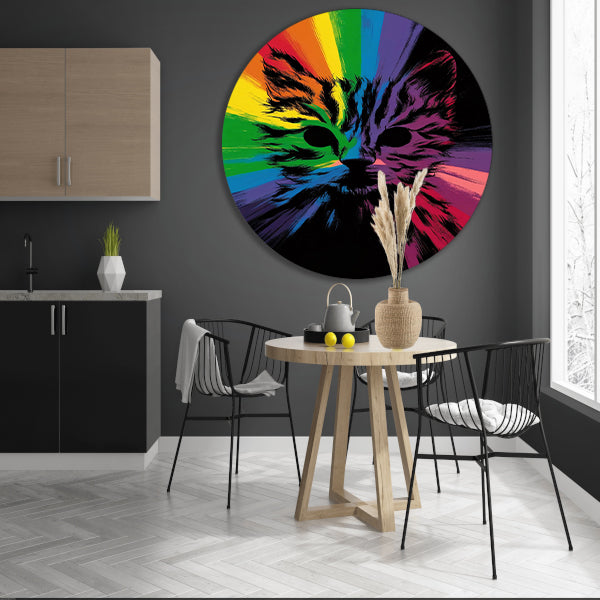 Kleurrijke abstracte kat in regenboogkleuren aluminium muurcirkel