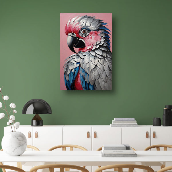 Levendig Papegaaienportret in Roze en Blauw canvas met baklijst