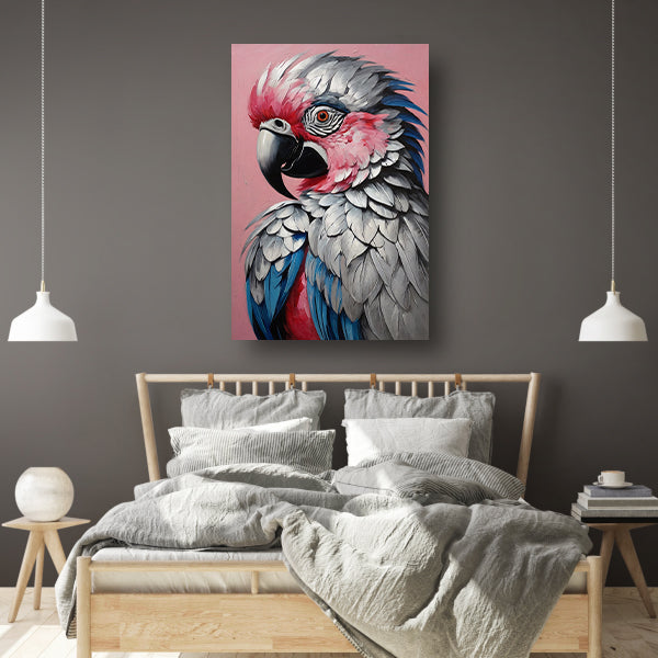 Levendig Papegaaienportret in Roze en Blauw canvas met baklijst