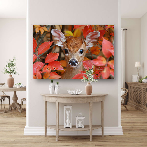 Hert verscholen in herfstbladeren canvas