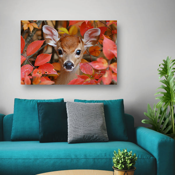 Hert verscholen in herfstbladeren canvas