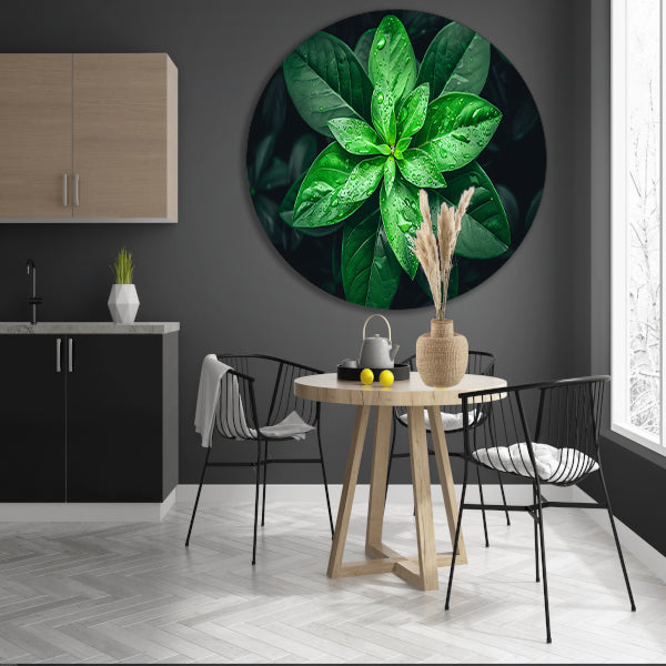 Levendige groene bladeren met dauwdruppels aluminium muurcirkel