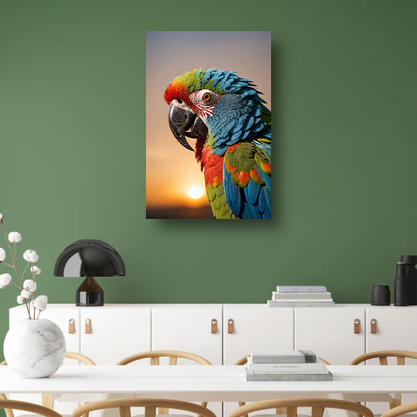 Kleurrijke papegaai bij zonsondergang kunstfoto canvas