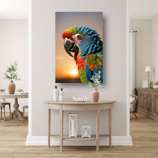 Kleurrijke papegaai bij zonsondergang kunstfoto canvas