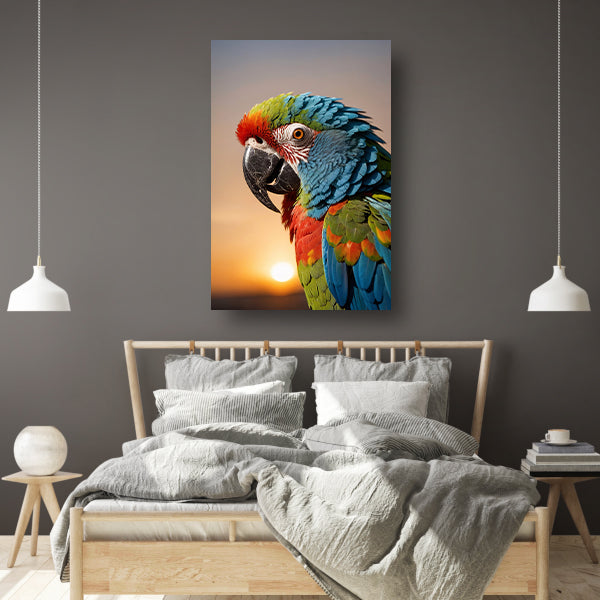 Kleurrijke papegaai bij zonsondergang kunstfoto canvas