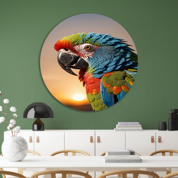 Kleurrijke papegaai bij zonsondergang kunstfoto aluminium muurcirkel