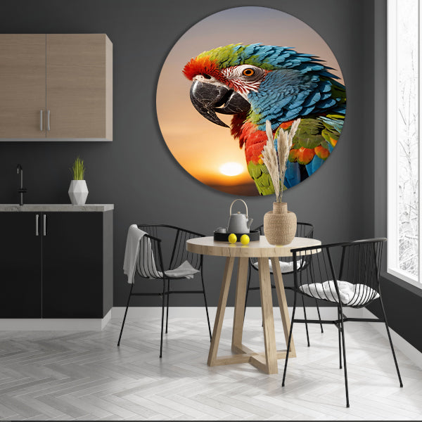 Kleurrijke papegaai bij zonsondergang kunstfoto aluminium muurcirkel