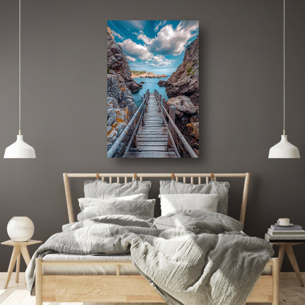 Houten loopbrug naar zee omringd door rotsen canvas met baklijst