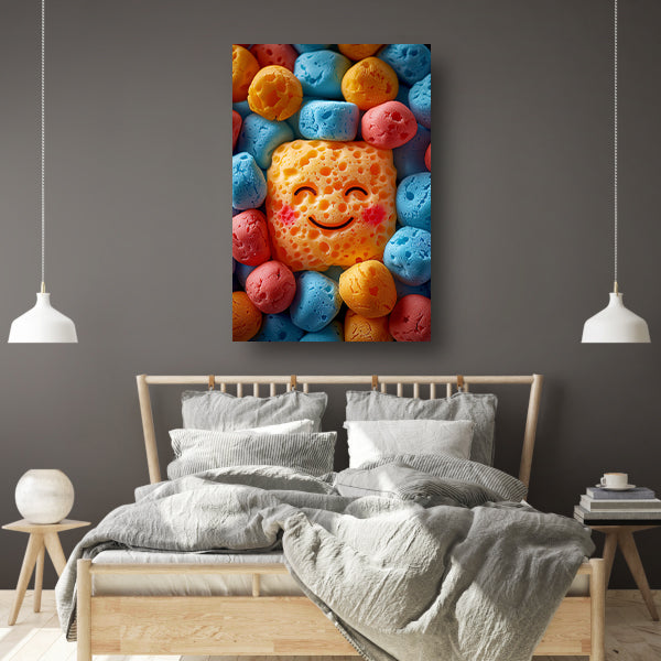 Vrolijke spons omringd door snoepjes poster