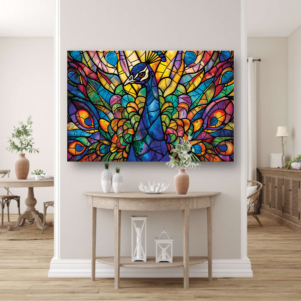 Glas-in-lood pauw in levendige kleuren canvas