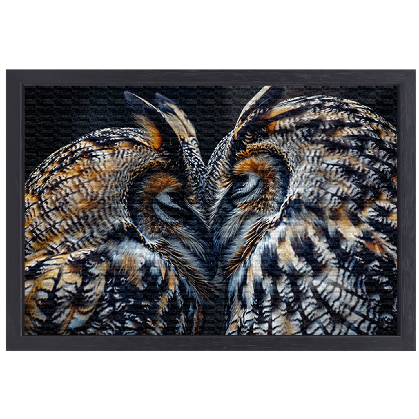Twee uilen close-up in donkere omgeving canvas met baklijst
