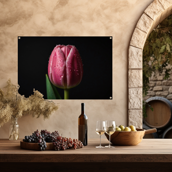 Roze Tulp met Dauw op Zwarte Achtergrond tuinposter