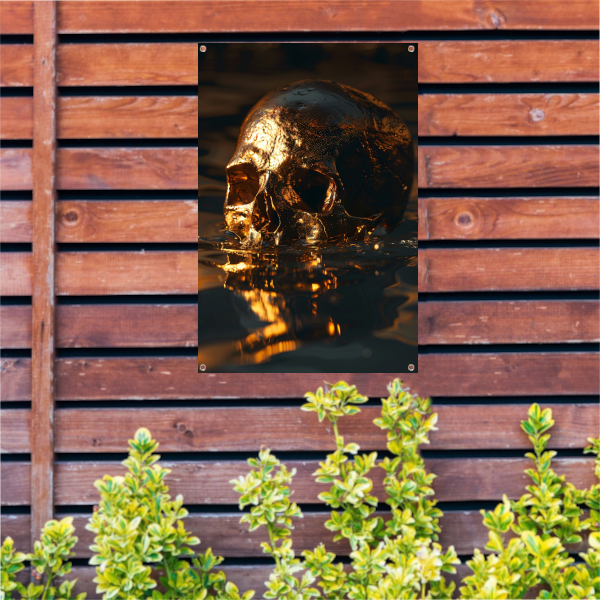 Mystieke Gouden Schedel Reflectie in Donker Water tuinposter