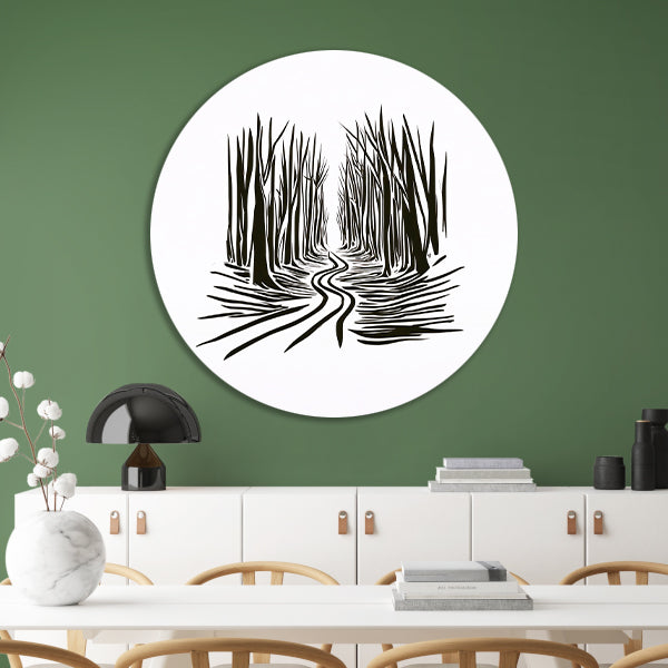 Abstracte Bomen op een Slingerend Pad aluminium muurcirkel