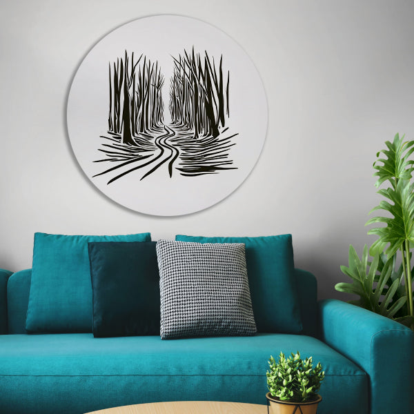 Abstracte Bomen op een Slingerend Pad aluminium muurcirkel