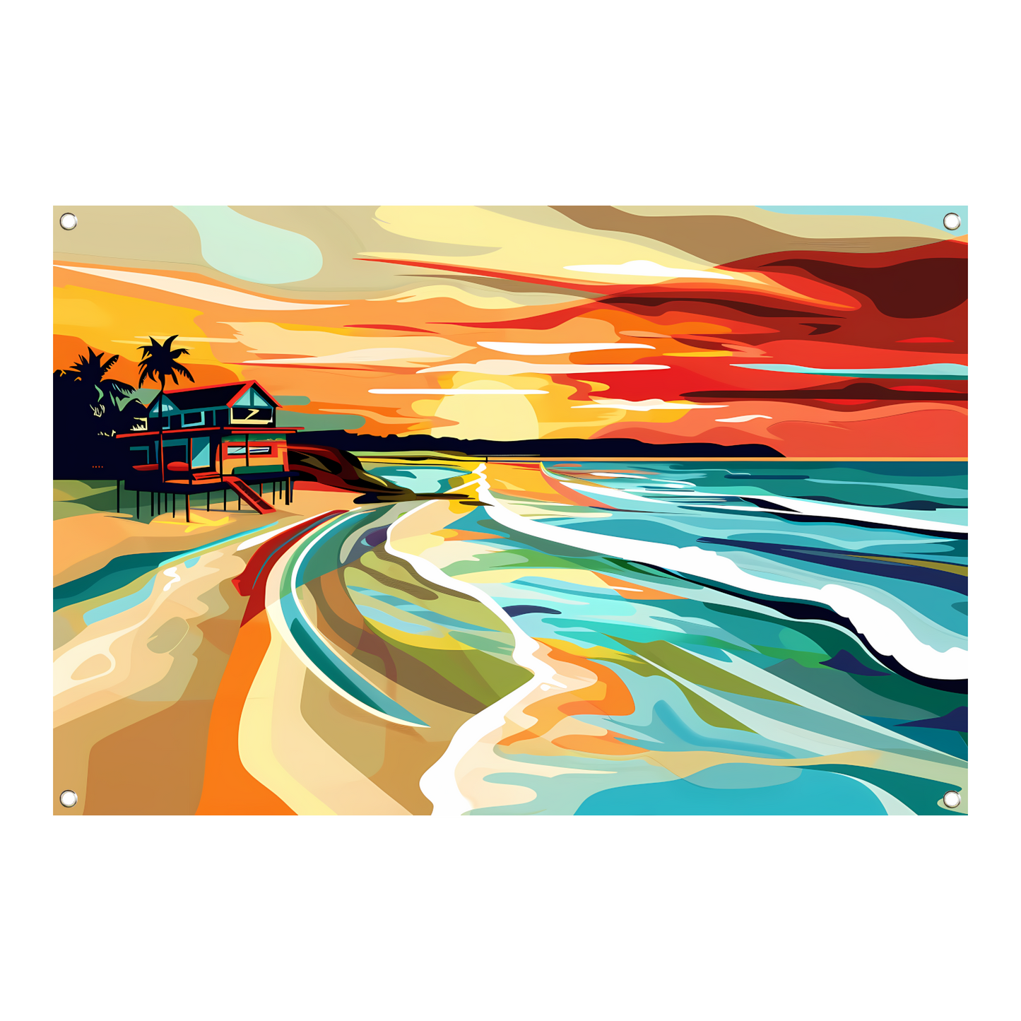 Impressionistisch strandhuis bij zonsondergang tuinposter
