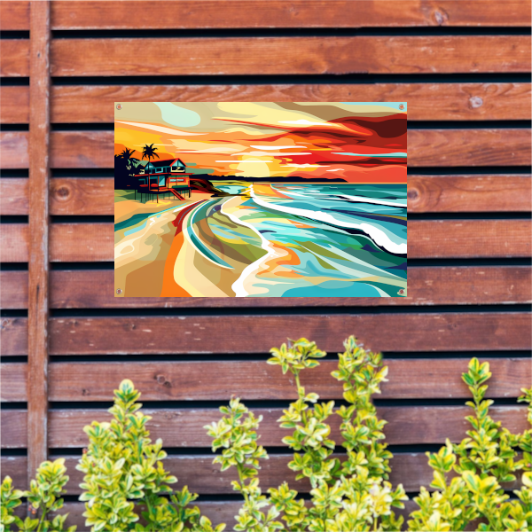 Impressionistisch strandhuis bij zonsondergang tuinposter