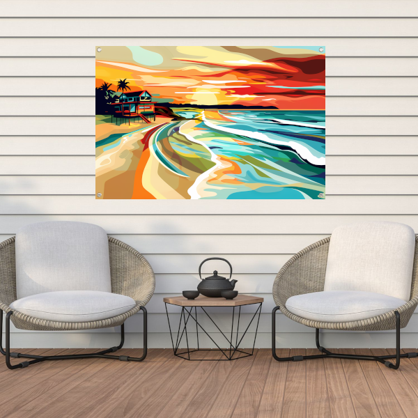 Impressionistisch strandhuis bij zonsondergang tuinposter