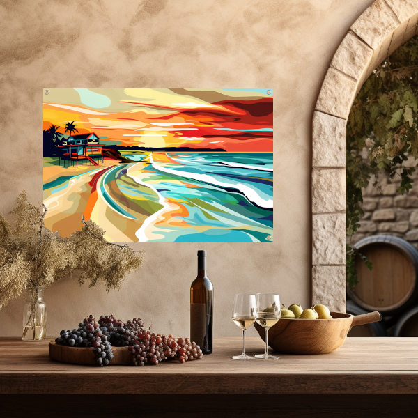 Impressionistisch strandhuis bij zonsondergang tuinposter