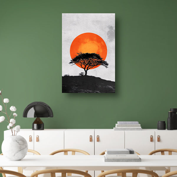 Minimalistische boom en zon in krachtige contrasten poster