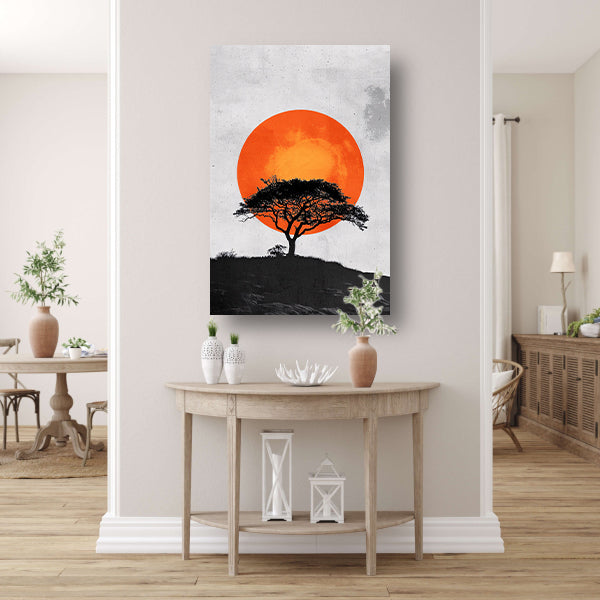 Minimalistische boom en zon in krachtige contrasten poster