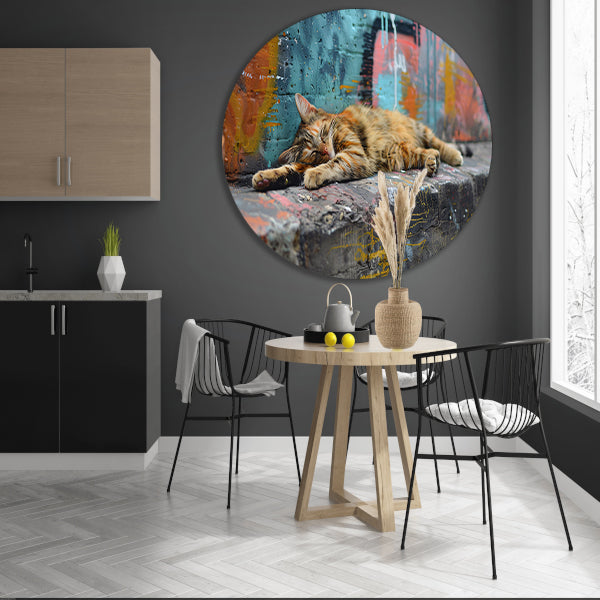 Slapende kat bij gekleurde muur aluminium muurcirkel