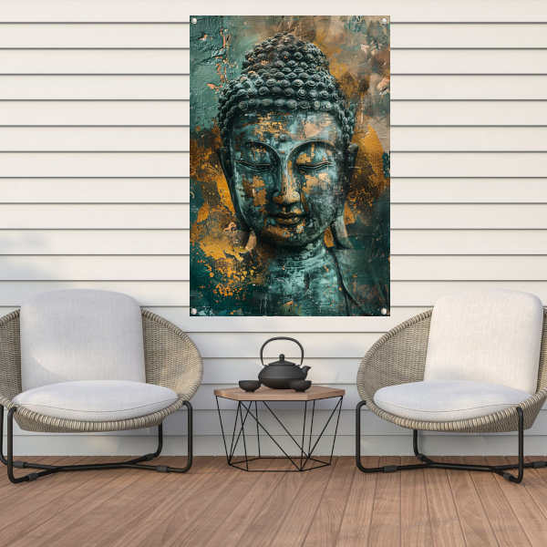 Mysterieuze Boeddha in rustieke stijl tuinposter