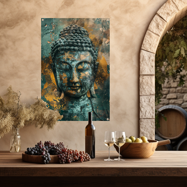 Mysterieuze Boeddha in rustieke stijl tuinposter