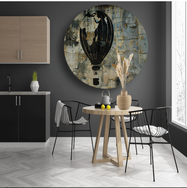 Minimalistische heteluchtballon aan de muur aluminium muurcirkel