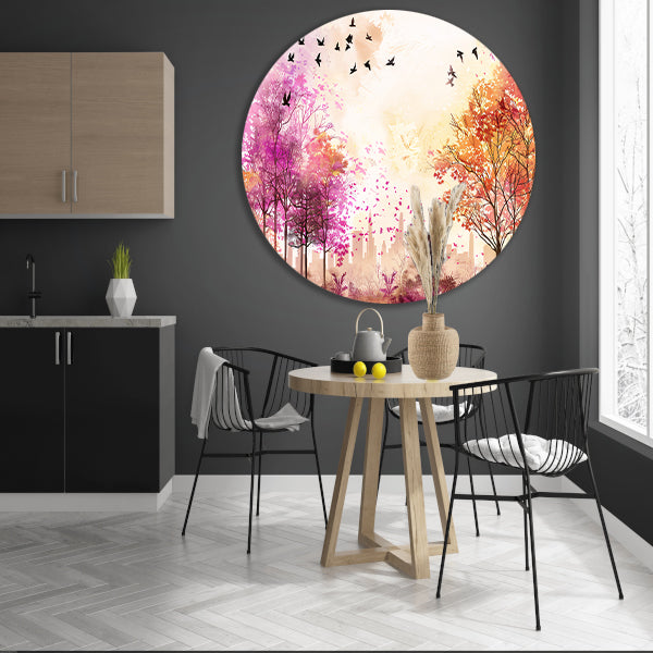 Kleurrijke skyline met herfstbomen en vogels aluminium muurcirkel